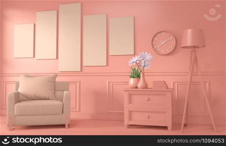 Armchair and decoration mock up room interior color living coral style.3D rendering