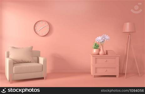 Armchair and decoration mock up room interior color living coral style.3D rendering