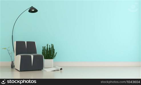 Armchair and plants on empty mint wall background. 3D rendering