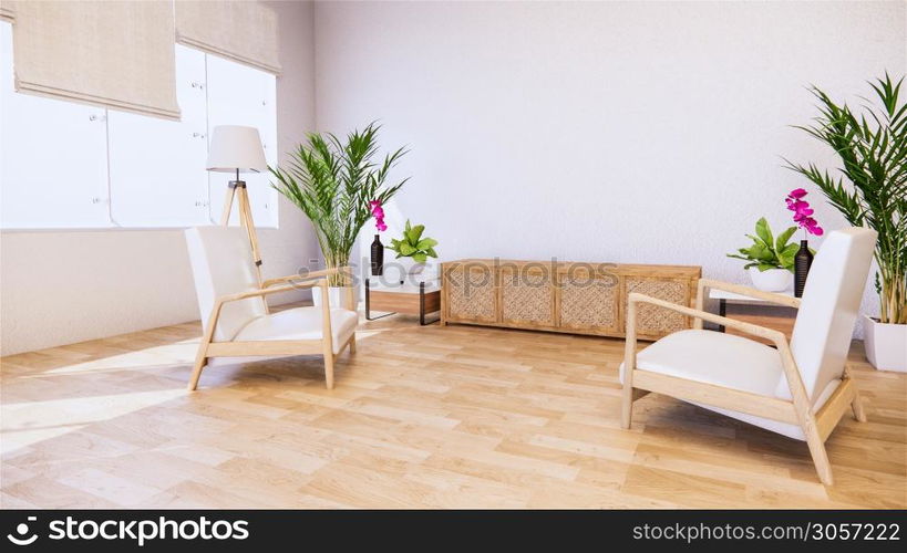 Armchair and tv cabinet on room white wall, minimalist and zen interior.3d rendering