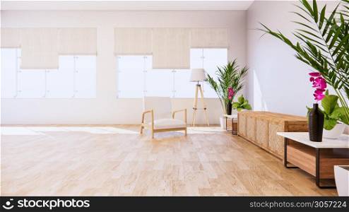 Armchair and tv cabinet on room white wall, minimalist and zen interior.3d rendering