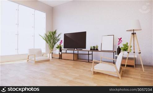 Armchair and tv cabinet on room white wall, minimalist and zen interior.3d rendering
