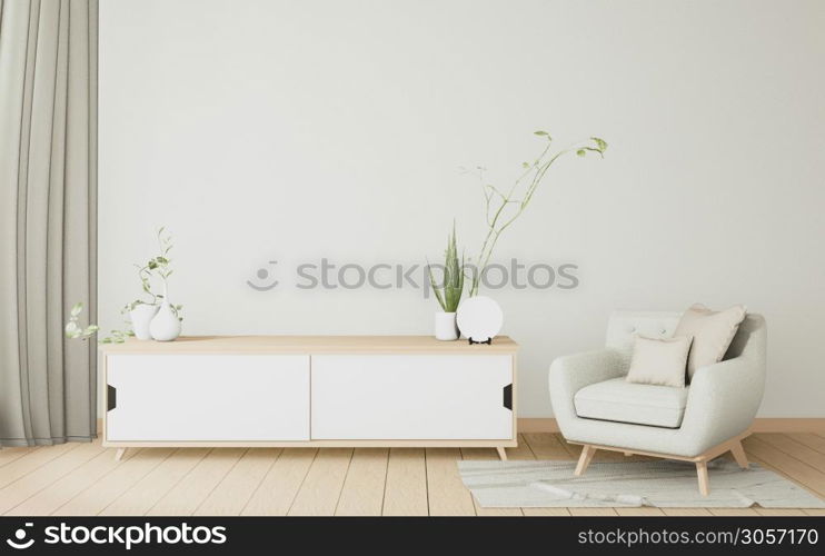 Armchair minimal and wooden cabinet in modern white room Japanese. 3D rendering