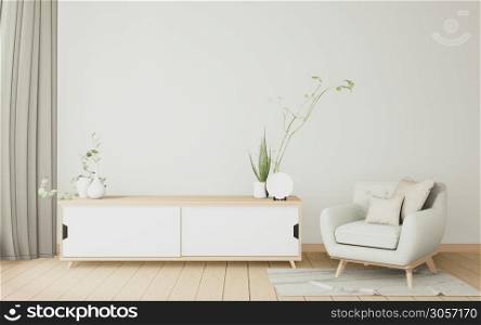 Armchair minimal and wooden cabinet in modern white room Japanese. 3D rendering