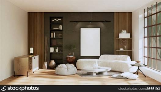 Armchair onEmpty room wabi sabi style. 3D illustration rendering