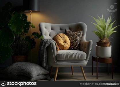 Armchair with pillow glowing l&plant in pot ottoman. Illustration Generative AI 