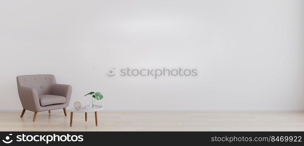 Armchair with white modern coffee table with decoration in bright room for mockup. Living room for mockup. interior design concept. 3d rendering