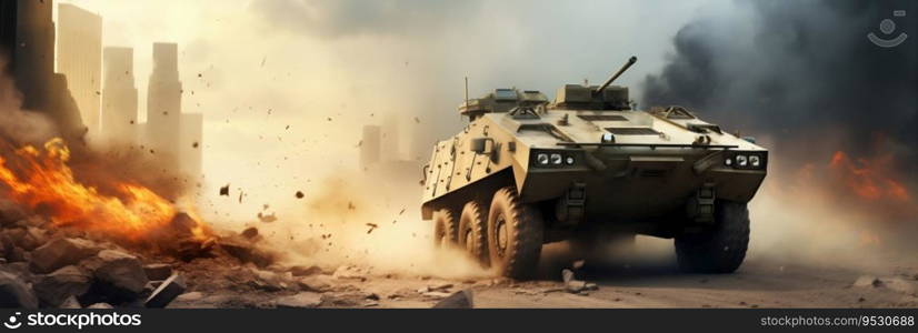 Armored Personnel Carrier in Warzone Operation. Generative ai. High quality illustration. Armored Personnel Carrier in Warzone Operation. Generative ai