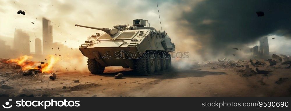 Armored Personnel Carrier in Warzone Operation. Generative ai. High quality illustration. Armored Personnel Carrier in Warzone Operation. Generative ai