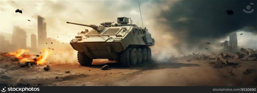 Armored Personnel Carrier in Warzone Operation. Generative ai. High quality illustration. Armored Personnel Carrier in Warzone Operation. Generative ai