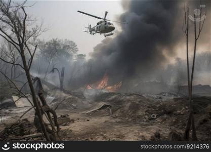 army helicopter lands among smoking ruins of village destroyed by rebel forces, created with generative ai. army helicopter lands among smoking ruins of village destroyed by rebel forces