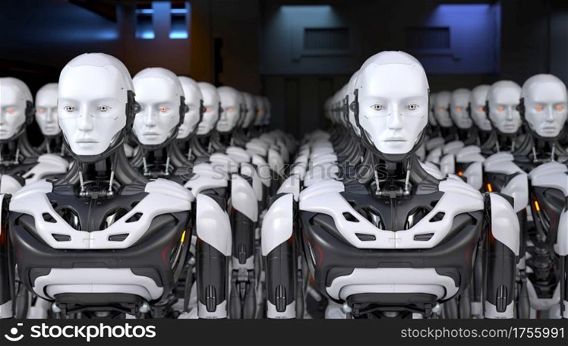 Army of robot workers standing in a row. 3D illustration. Army of robot workers standing in a row