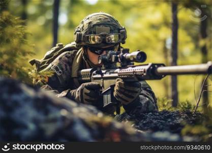 Army sniper in the forest. Generative AI