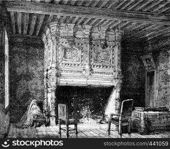 Arnay-le-Duc. Fireplace in one of the castle, vintage engraved illustration. Journal des Voyage, Travel Journal, (1880-81).