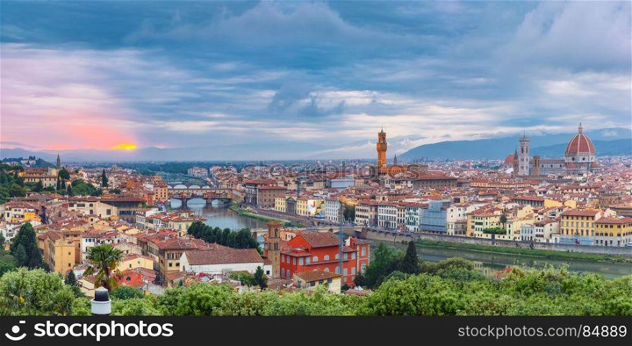 Arno and Ponte Vecchio at sunset, Florence, Italy. Panoraa of River Arno and famous bridge Ponte Vecchio at sunset from Piazzale Michelangelo in Florence, Tuscany, Italy