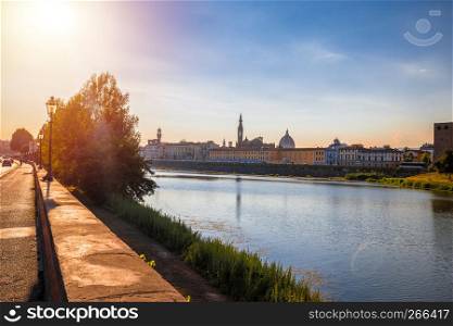 Arno river waterfront of Florence sunset view, Tuscany region of Italy