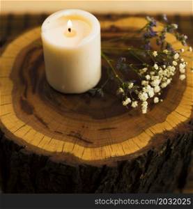 aroma candles with flowers tree stump