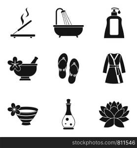 Aroma oil icons set. Simple set of 9 aroma oil vector icons for web isolated on white background. Aroma oil icons set, simple style
