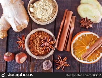 aroma spice in bowl and on the wooden table