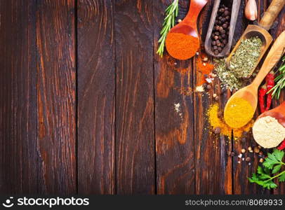 aroma spice in spoons and on a table