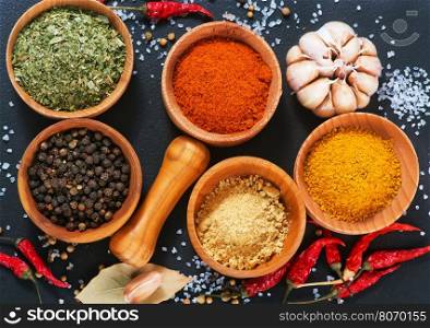 aroma spices in wooden bowl and on a table