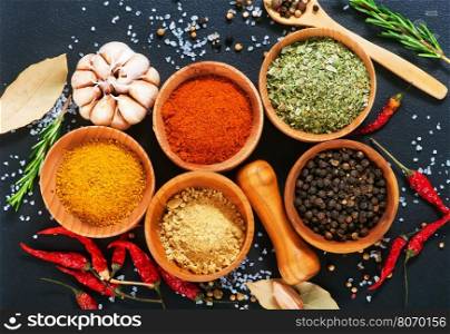 aroma spices in wooden bowl and on a table