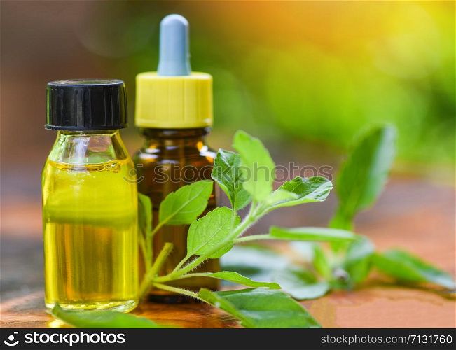 Aromatherapy herbal oil bottles aroma with leaves herbal formulations including and herbs / Holy Basil Essential Oil natural and green background