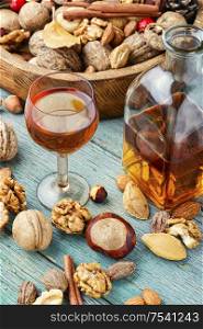 Aromatic alcohol from nuts.Nut liquor.Tincture on nuts.Italian liquor.Nut flavoring. Tasty nut tincture