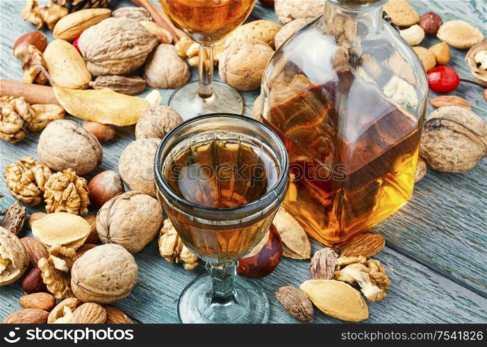 Aromatic alcohol from nuts.Nut liquor.Tincture on nuts.Italian liquor. Tasty nut tincture