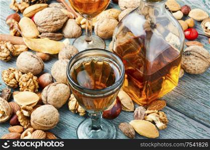 Aromatic alcohol from nuts.Nut liquor.Tincture on nuts.Italian liquor. Tasty nut tincture