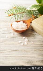 Aromatic bath salt in a wooden spoon, pine branch and soap