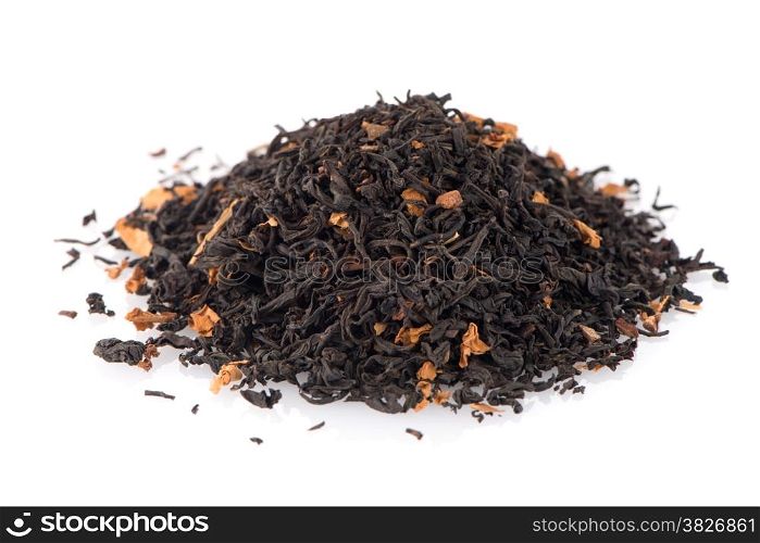Aromatic black dry tea with petals, isolated on white