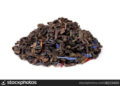 aromatic Gunpowder tea. aromatic Gunpowder tea with fruits and petals isolated on white
