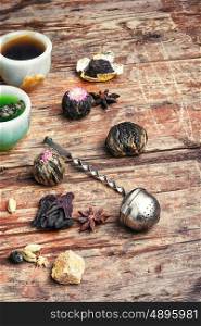 Aromatic herbal tea. various types of fragrant herbal tea on vintage wooden background