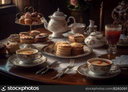 Aromatic pot of tea, accompanied by delicate finger sandwiches, scones, and dainty pastries, set on a beautifully adorned table. Generative AI.