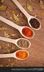 aromatic powder spices on spoons in wooden background