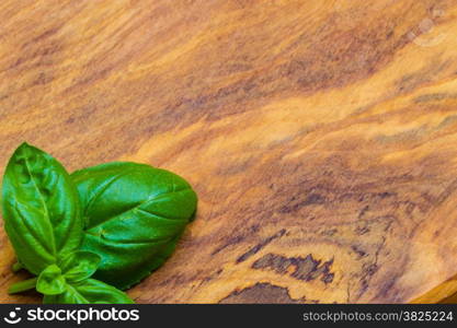 Aromatic spice. Fresh green basil leaves on rustic wooden table background. Copy space.