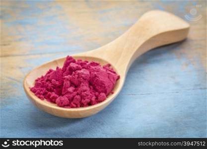 aronia berry powder on a wooden spoon against blue painted grunge wood