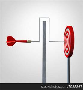 Around a barrier business concept as a red dart solving an obstacle problem by averting a wall and hitting the target as a success metaphor for agility and dexterity in achieving your goal.