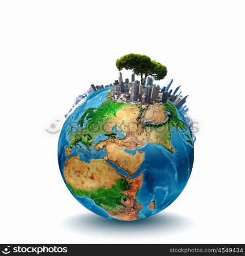 Around th world. Earth planet image with buildings on surface. Elements of this image are furnished by NASA
