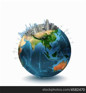 Around th world. Earth planet image with buildings on surface. Elements of this image are furnished by NASA