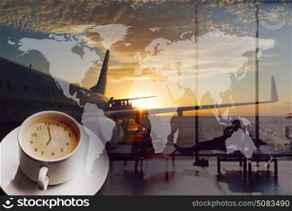 Around the world. Airport coffee and traveling the world. City buildings and boarding queue. Double exposure collage. Elements of this image furnished by NASA