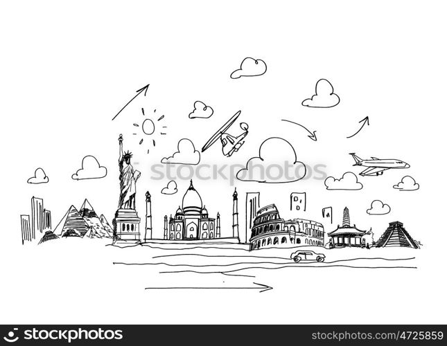 Around the world. Background sketch image with drawings. Travel concept