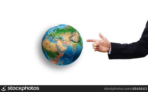 Around the world. Close up of businessman hand pointing on Earth planet . Elements of this image are furnished by NASA