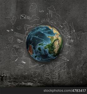 Around the world. Earth planet on dark background with pencil sketches. Elements of this image are furnished by NASA