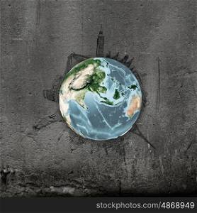 Around the world. Earth planet on dark background with pencil sketches. Elements of this image are furnished by NASA