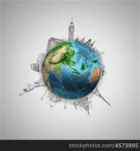 Around the world. Earth planet on grey background with pencil sketches. Elements of this image are furnished by NASA