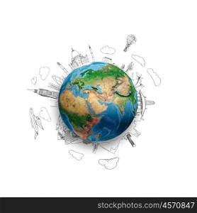 Around the world. Earth planet on white background with pencil sketches. Elements of this image are furnished by NASA