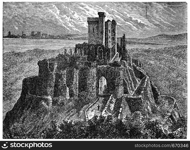 Arques castle ruins with its keep, vintage engraved illustration. Industrial encyclopedia E.-O. Lami - 1875.