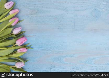 arranged soft tulips wood